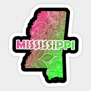 Colorful mandala art map of Mississippi with text in pink and green Sticker